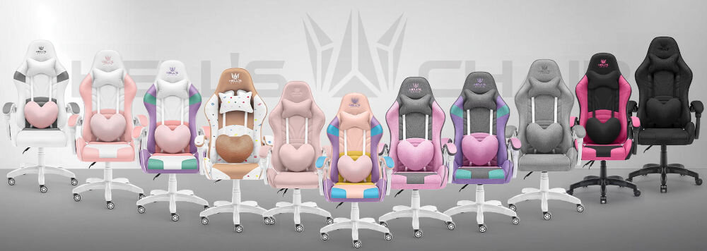 Fotel HELL'S CHAIR Rainbow 2.0 Czarny prezentacja różnych wariantów kolorystycznych fotela na szarym tle z napisem marki