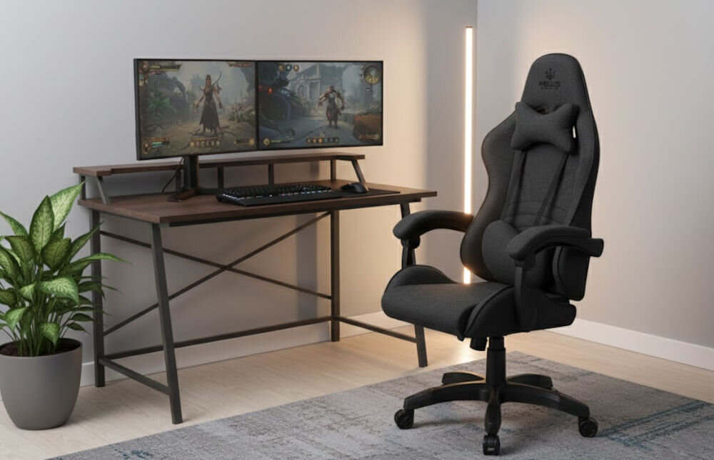 Fotel HELL'S CHAIR Rainbow 2.0 Czarny prezentacja fotela pod kątem w pokoju do 120 kg bezpieczne stabilne użytkowanie trwałość wygoda