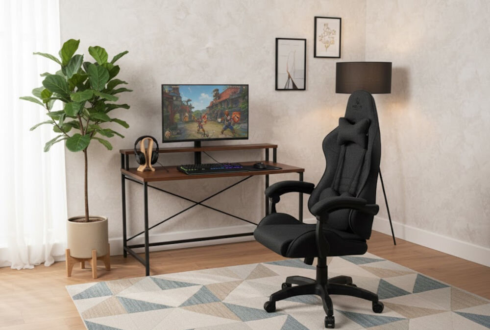 Fotel HELL'S CHAIR Rainbow 2.0 Czarny prezentacja fotela pod kątem w pokoju wzrost optymalne dopasowanie podparcie ciała komfort