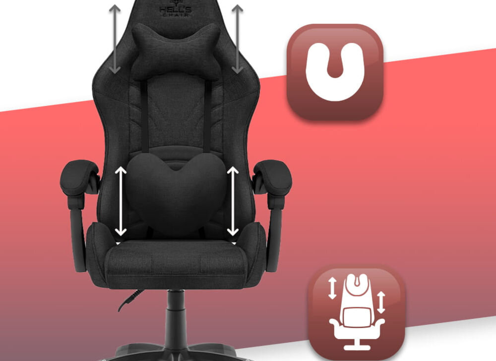 Fotel HELL'S CHAIR Rainbow 2.0 Czarny prezentacja fotela na białym tle z paskiem strzałkami zaznaczona możliwość regulacji poduszek ikony poduszka lędźwiowa poduszka wspierająca mięśnie karku odpowiednie podparcie dla ciała komfort suwak wymiana wypełnienia indywidualne potrzeby