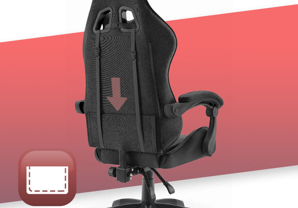 Fotel HELL'S CHAIR Rainbow 2.0 Czarny prezentacja fotela od tyłu pokazanie strzałką kieszeni obok ikona białe tło z paskiem kieszeń z tyłu oparcia praktyczny schowek