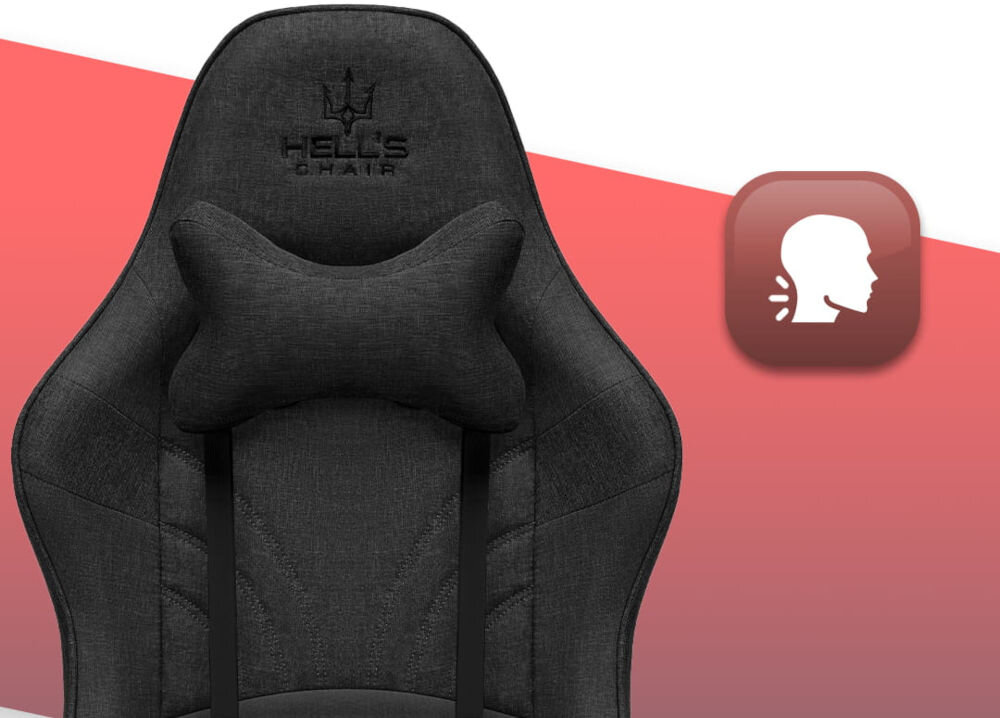 Fotel HELL'S CHAIR Rainbow 2.0 Czarny zbliżenie na oparcie i poduszkę na białym tle z paskiem ikona wyprofilowana poduszka wsparcie głowy i mięśni karku komfort suwak indywidualny poziom miękkości