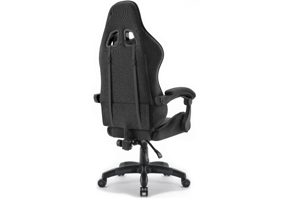 Fotel HELL'S CHAIR Rainbow 2.0 Czarny prezentacja fotela od tyłu pod kątem na jasnym tle wyprofilowany kształt oparcia zapobieganie dolegliwościom bólowym kręgosłupa utrzymanie prawidłowej postawy komfort