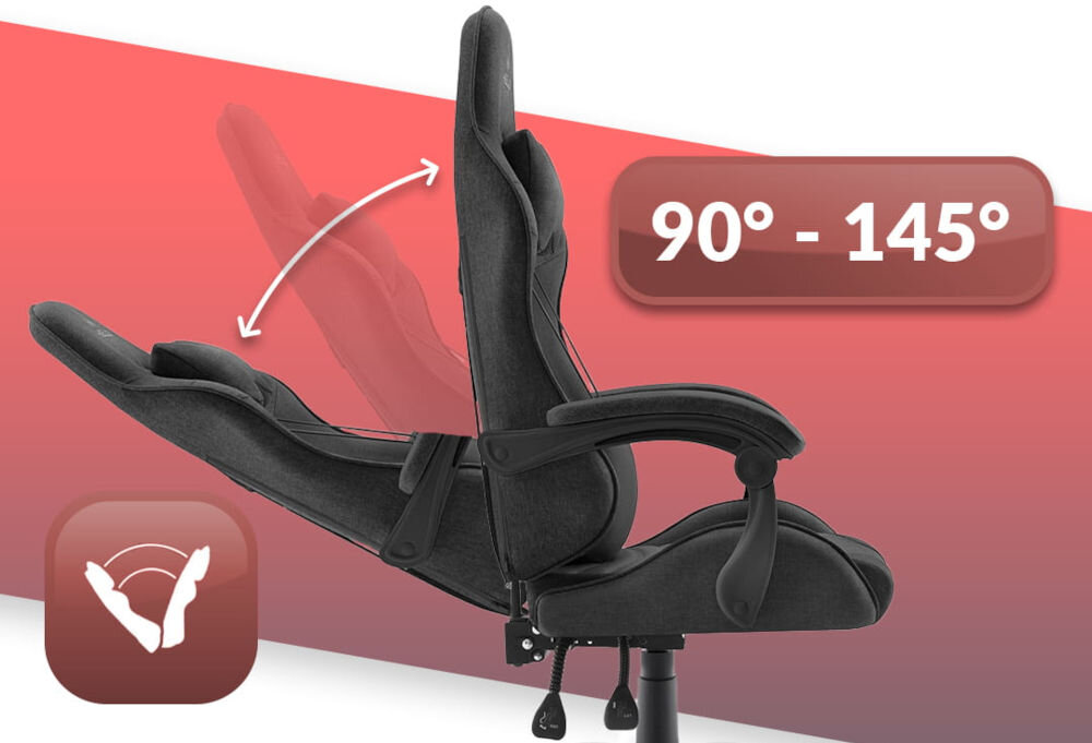 Fotel HELL'S CHAIR Rainbow 2.0 Czarny prezentacja fotela od boku i jego możliwej regulacji na białym tle z paskiem płynna regulacja kąta pochylenia oparcia zakres wygodna dźwignia optymalna pozycja dla komfortu