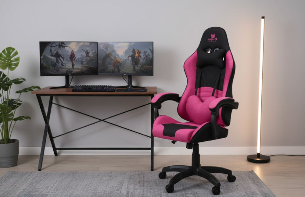 Fotel HELL'S CHAIR Rainbow 2.0 Różowo-Czarny prezentacja fotela pod kątem w pokoju wzrost optymalne dopasowanie podparcie ciała komfort