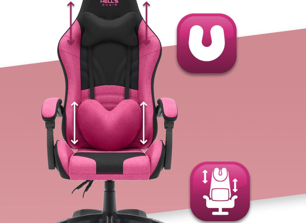 Fotel HELL'S CHAIR Rainbow 2.0 Różowo-Czarny prezentacja fotela na białym tle z paskiem różowym strzałkami zaznaczona możliwość regulacji poduszek ikony poduszka lędźwiowa poduszka wspierająca mięśnie karku odpowiednie podparcie dla ciała komfort suwak wymiana wypełnienia indywidualne potrzeby
