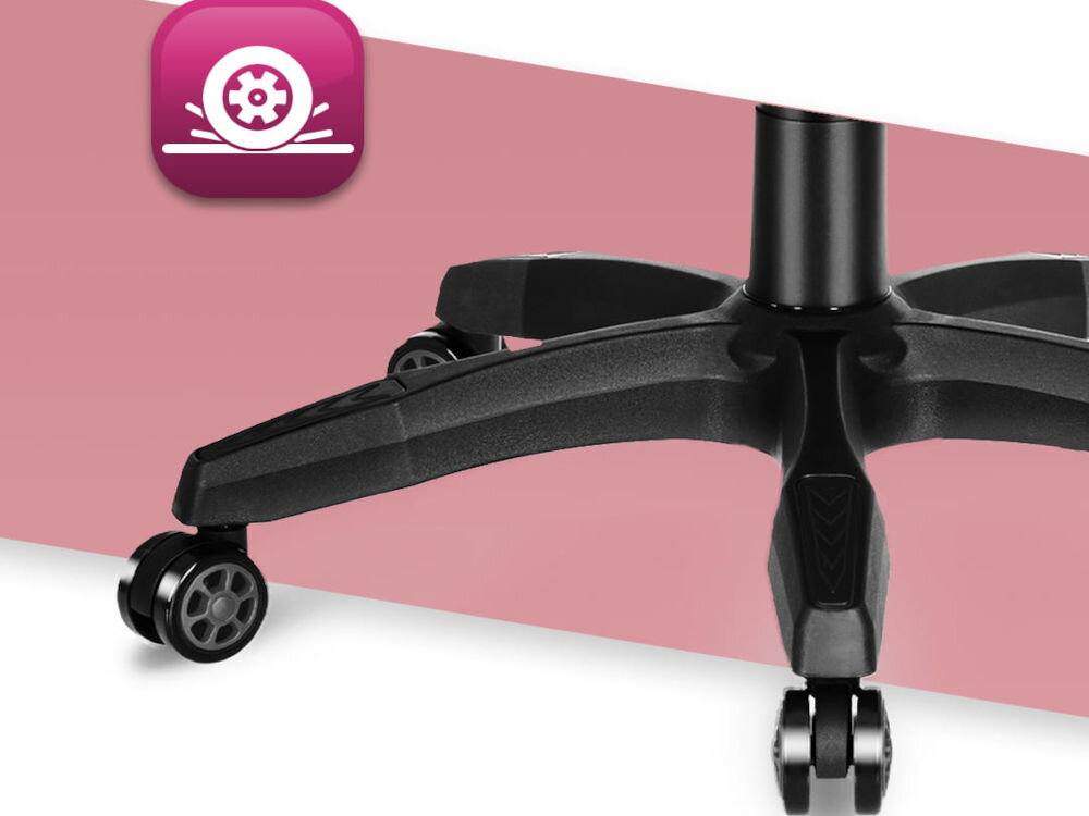 Fotel HELL'S CHAIR Rainbow 2.0 Różowo-Czarny zbliżenie na kółka na białym tle z paskiem różowym ikona kółek poliuretanowo-kauczukowa powłoka cicha i płynna praca ochrona podłogi