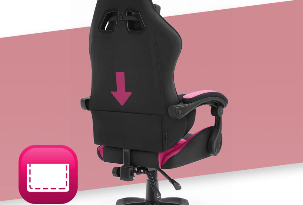 Fotel HELL'S CHAIR Rainbow 2.0 Różowo-Czarny prezentacja fotela od tyłu pokazanie strzałką kieszeni obok ikona białe tło z paskiem różowym kieszeń z tyłu oparcia praktyczny schowek