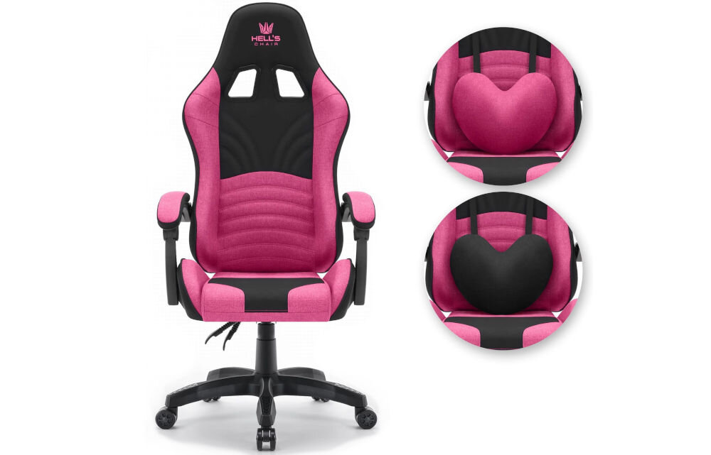 Fotel HELL'S CHAIR Rainbow 2.0 Różowo-Czarny prezentacja fotela obok zbliżenia na poduszki w dwóch wersjach kolorystycznych jasne tło dbałość o elementy trwała i oddychająca tkanina HD profilowana poduszka pod lędźwie tapicerowane podłokietniki