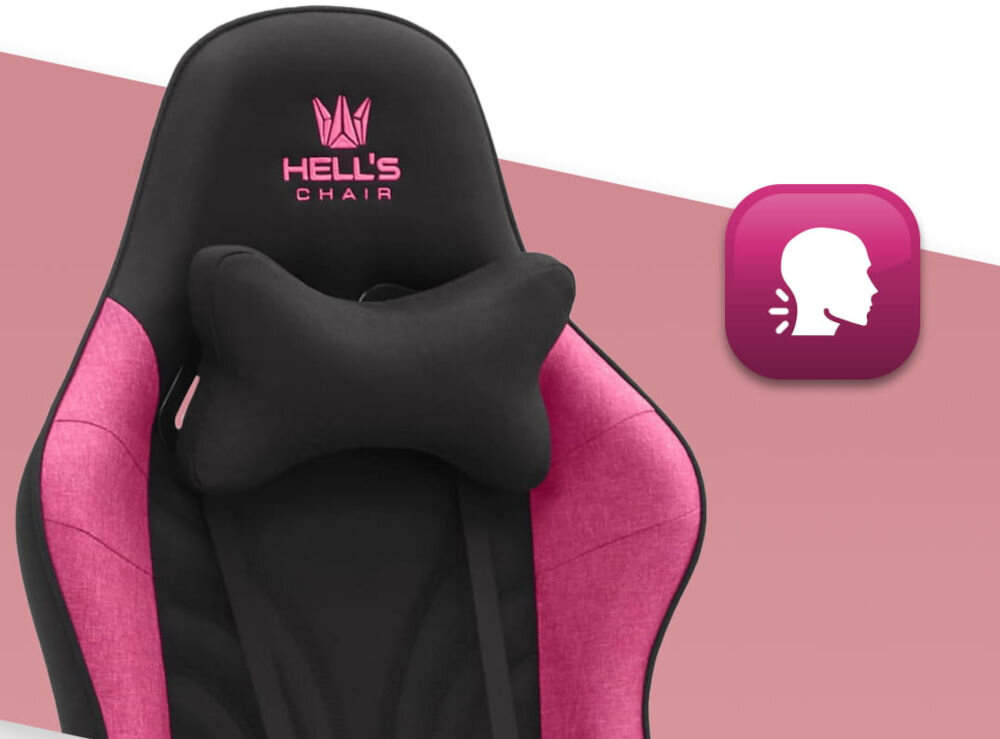 Fotel HELL'S CHAIR Rainbow 2.0 Różowo-Czarny zbliżenie na oparcie i poduszkę na białym tle z paskiem różowym ikona wyprofilowana poduszka wsparcie głowy i mięśni karku komfort suwak indywidualny poziom miękkości