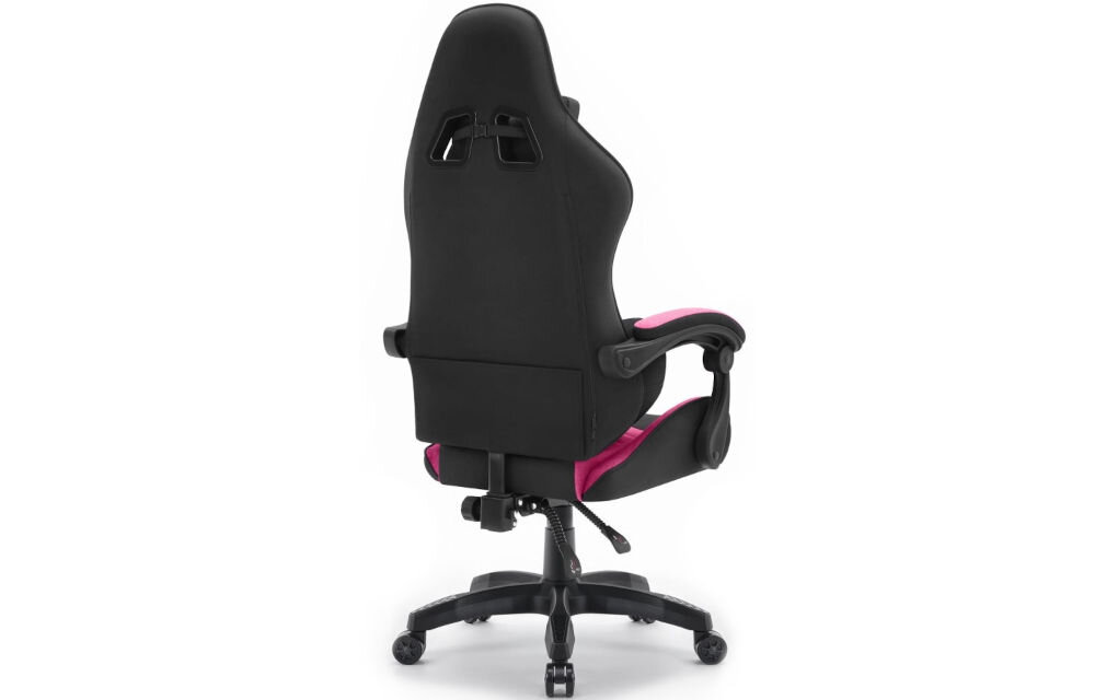 Fotel HELL'S CHAIR Rainbow 2.0 Różowo-Czarny prezentacja fotela od tyłu pod kątem na jasnym tle wyprofilowany kształt oparcia zapobieganie dolegliwościom bólowym kręgosłupa utrzymanie prawidłowej postawy komfort