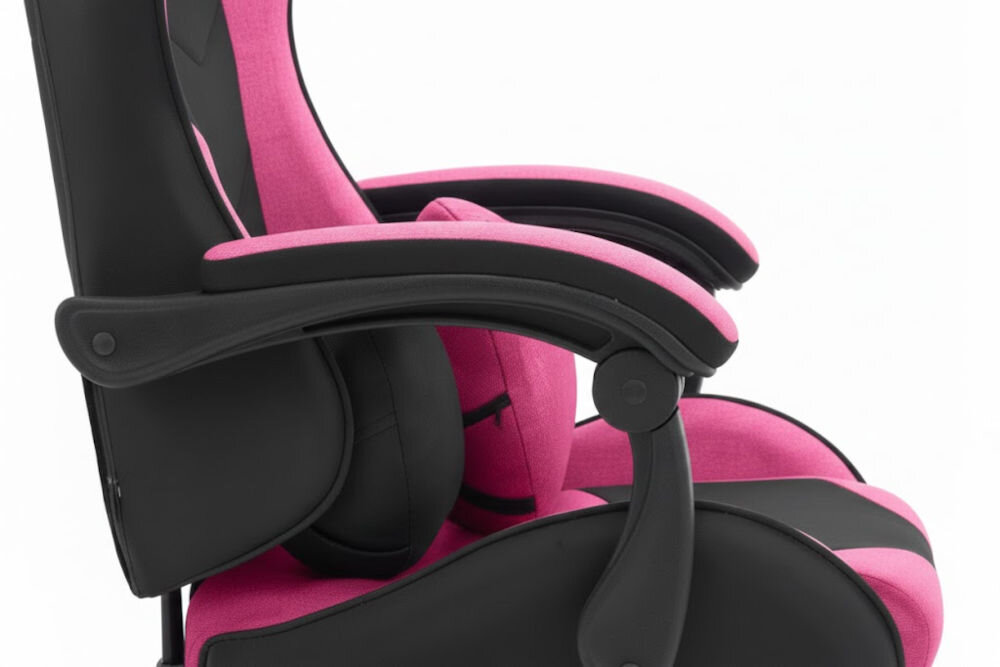 Fotel HELL'S CHAIR Rainbow 2.0 Różowo-Czarny zbliżenie na podłokietniki jasne tło miękkie wypełnienie solidne podparcie spójna stylistyka komfort przedramion