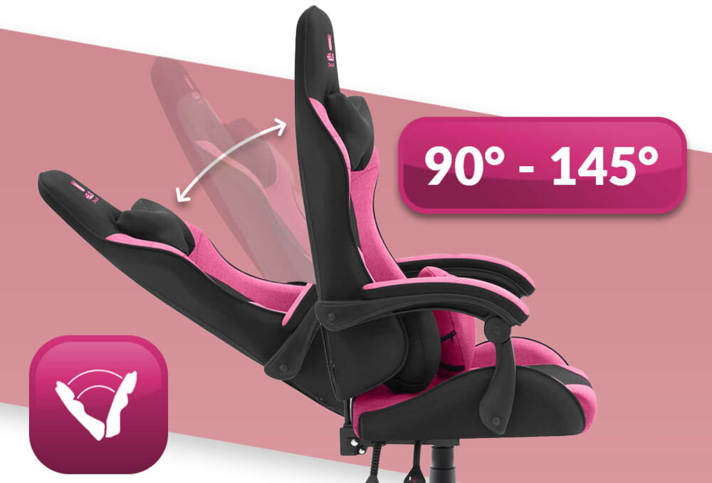 Fotel HELL'S CHAIR Rainbow 2.0 Różowo-Czarny prezentacja fotela od boku i jego możliwej regulacji na białym tle z paskiem różowym płynna regulacja kąta pochylenia oparcia zakres wygodna dźwignia optymalna pozycja dla komfortu