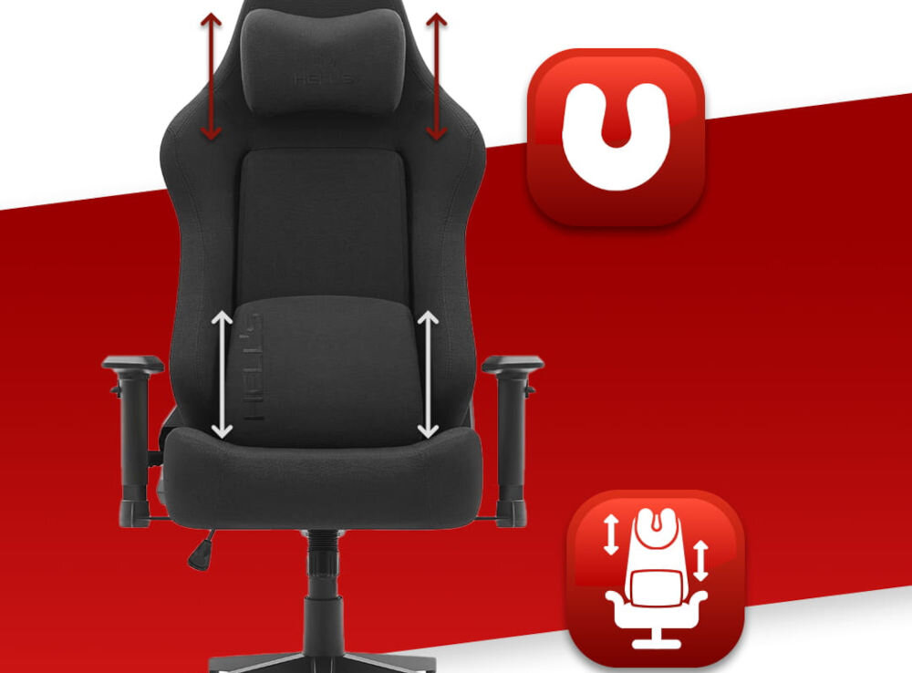 Fotel gamingowy HELL'S CHAIR HC 1009 Czarny prezentacja fotela na czerwono-białym tle strzałkami zaznaczona możliwość regulacji poduszek ikony poduszka lędźwiowa poduszka wspierająca mięśnie karku odpowiednie podparcie dla ciała komfort suwak wymiana wypełnienia indywidualne potrzeby
