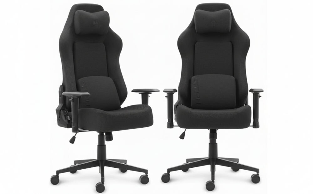 Fotel gamingowy HELL'S CHAIR HC 1009 Czarny prezentacja fotela od przodu i pod kątem na białym tle spełnia wymogi BHP i zasady ergonomii zgodność z przepisami komfort podczas wielogodzinnej pracy