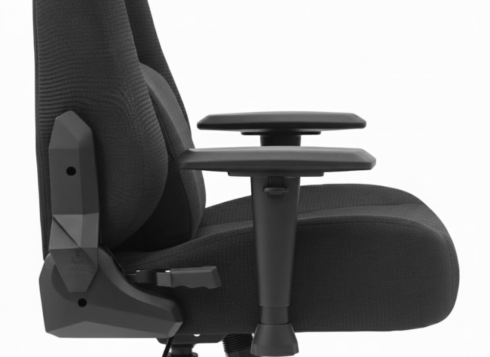 Fotel gamingowy HELL'S CHAIR HC 1009 Czarny zbliżenie na podłokietniki jasne tło regulacja 2D wysokość kąt redukcja napięcia wygodna pozycja
