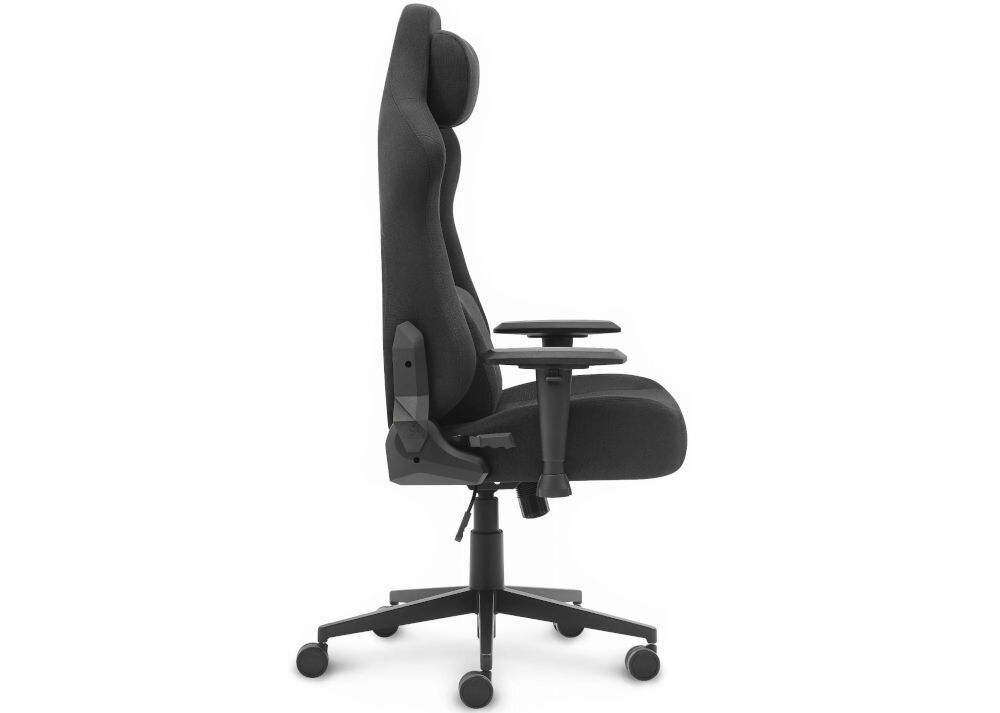 Fotel gamingowy HELL'S CHAIR HC 1009 Czarny prezentacja fotela od boku na jasnym tle płynnie regulowana wysokość siedziska prawidłowa cyrkulacja krwi redukcja uczucia zmęczenia nóg podnośnik gazowy certyfikat SGS