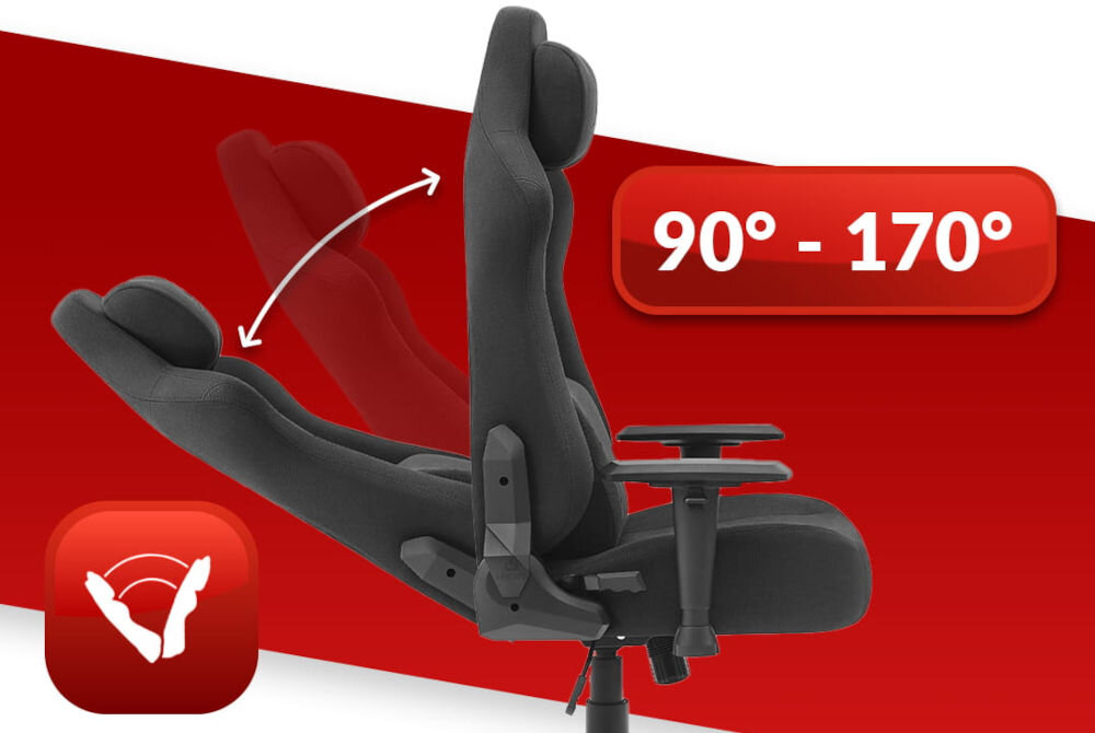 Fotel gamingowy HELL'S CHAIR HC 1009 Czarny prezentacja fotela od boku i jego możliwej regulacji na czerwono-białym tle płynna regulacja kąta pochylenia oparcia zakres wygodna dźwignia optymalna pozycja dla komfortu TILT swobodne bujanie