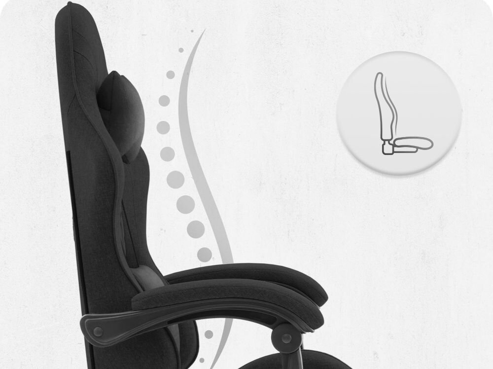 Fotel CABRO C500 Czarny Profil fotela z ikoną prezentującą ergonomiczny kształt oparcia dopasowany do naturalnej krzywizny kręgosłupa ergonomiczny fotel gamingowy do pracy i grania