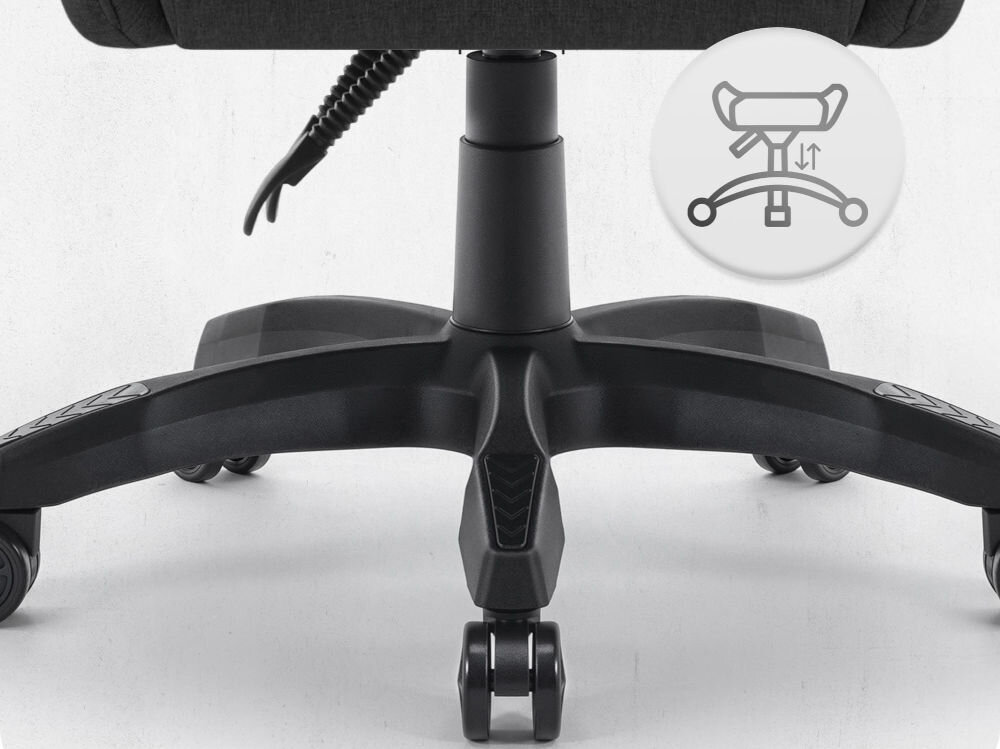 Fotel CABRO C500 Czarny Widok na podstawę fotela z ikoną ilustrującą funkcję regulacji wysokości siedziska fotel gamingowy z pięcioramienną nylonową podstawą