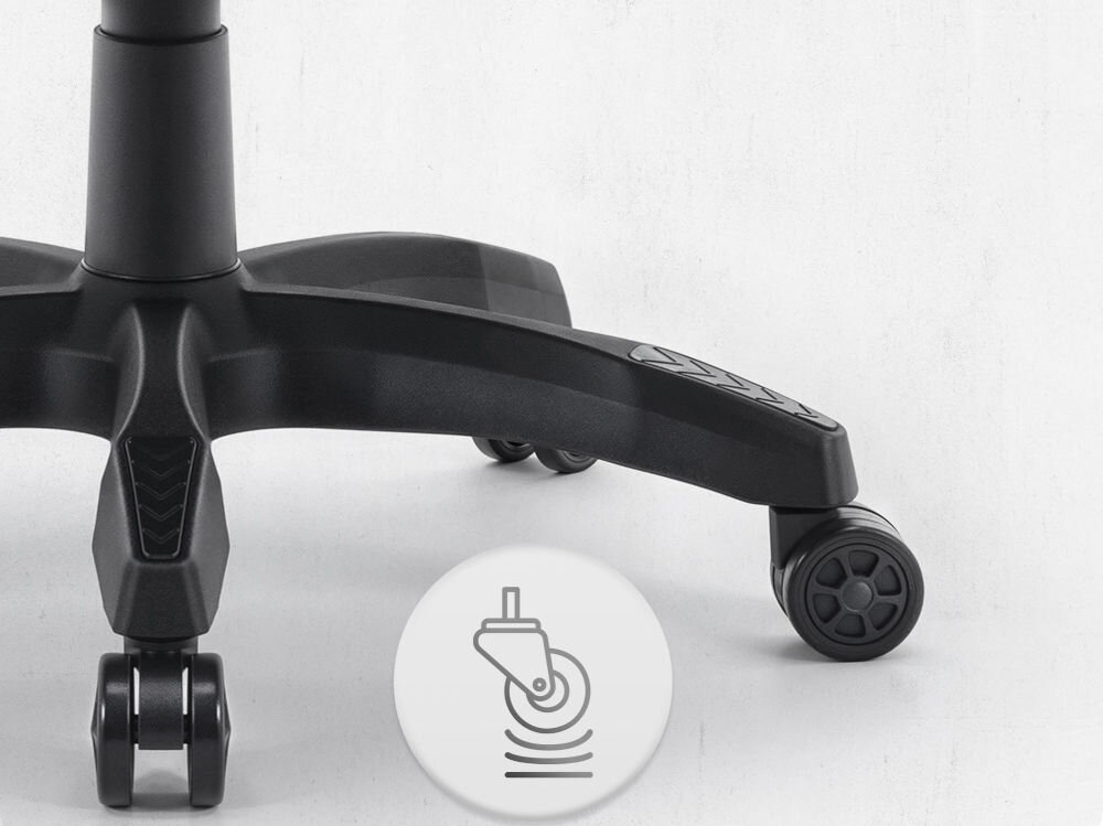 Fotel CABRO C500 Czarny Zbliżenie na kółka fotela gamingowego z ikoną sugerującą płynność ruchu lub cichą pracę mechanizmu fotel gamingowy z solidnymi kółkami trwałe materiały ochrona podłogi