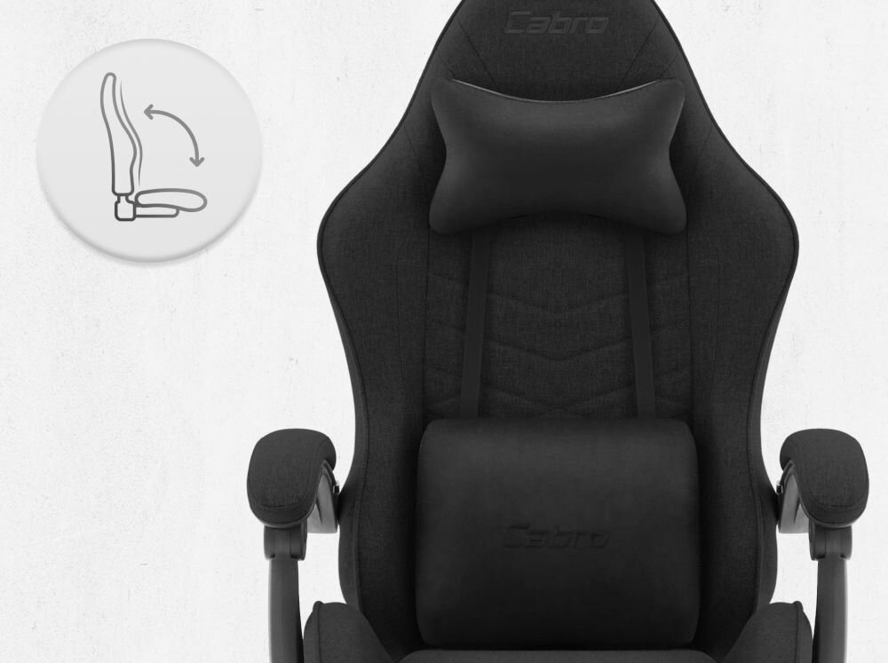 Fotel CABRO C500 Czarny Fotel gamingowy widziany od przodu z ikoną ilustrującą mechanizm kołysania siedziska uniwersalny fotel gamingowy do biura i pokoju gracza