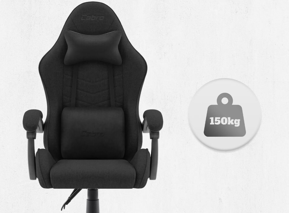 Fotel CABRO C500 Czarny Widok od przodu na fotel gamingowy z ikoną informującą o maksymalnym obciążeniu wynoszącym 150 kg wytrzymały fotel gamingowy o nośności 150 kg