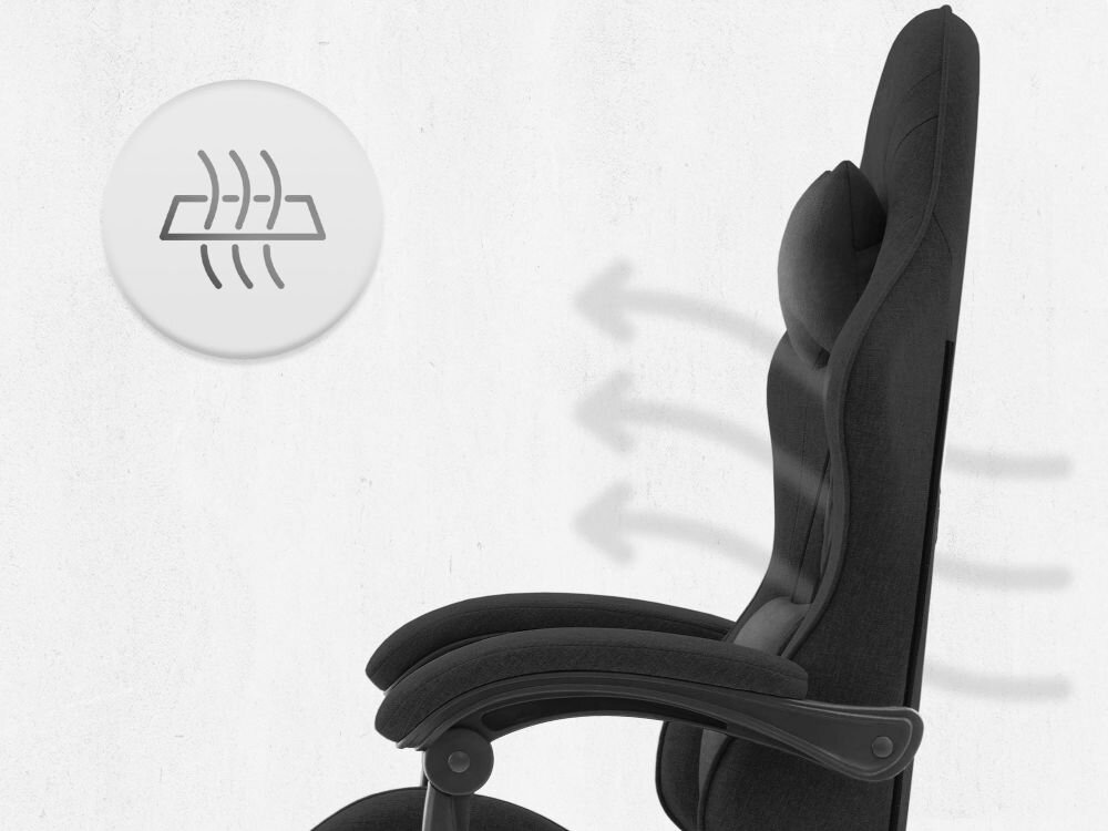 Fotel CABRO C500 Czarny Profil fotela gamingowego z naniesionymi strzałkami i ikoną symbolizującą wentylację oraz przepływ powietrza przez oparcie ergonomiczny fotel gamingowy do długiej pracy i grania