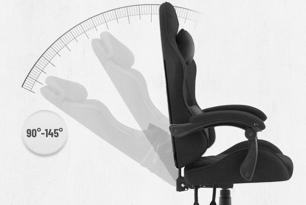 Fotel CABRO C500 Czarny Grafika prezentująca mechanizm regulacji kąta nachylenia oparcia fotela w zakresie od 90 do 145 stopni fotel gamingowy z regulacją oparcia do 145 stopni