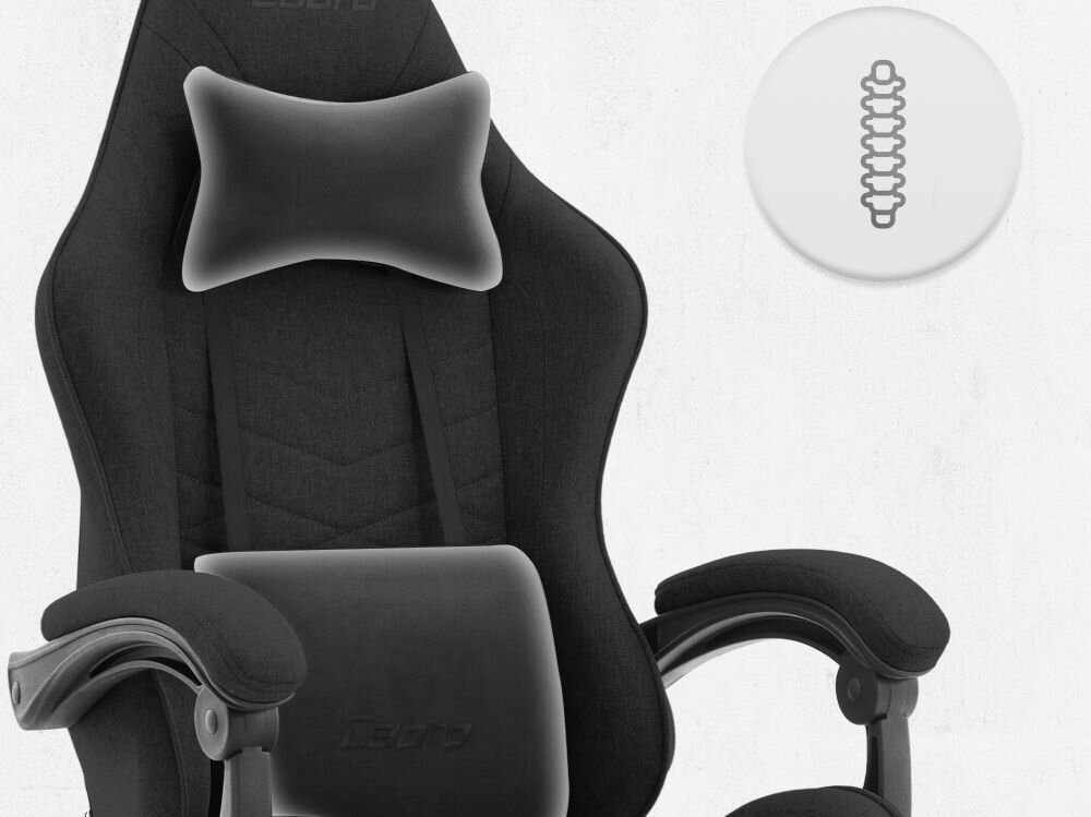 Fotel CABRO C500 Czarny Górna część fotela gamingowego z widocznym zagłówkiem i ikoną wsparcia kręgosłupa na całej długości pleców fotel gamingowy z poduszką lędźwiową i poduszką pod kark