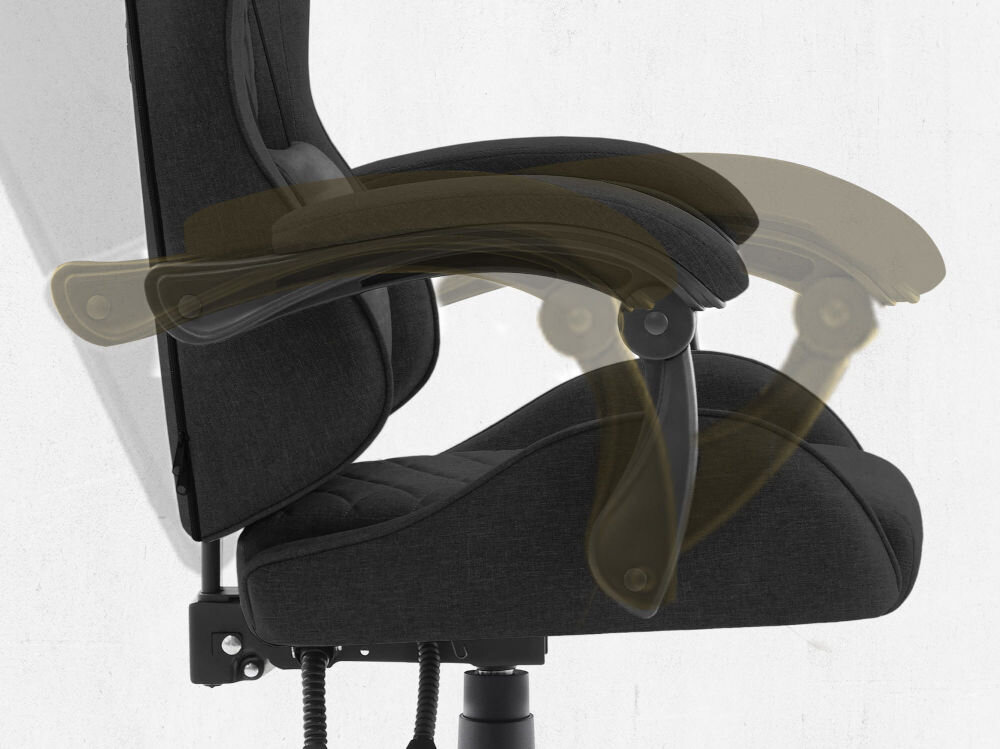 Fotel CABRO C500 Czarny Widok z profilu na podłokietnik fotela z graficznym zaznaczeniem możliwości jego regulacji i dopasowania do rąk fotel gamingowy z systemem linkage armrests podłokietników