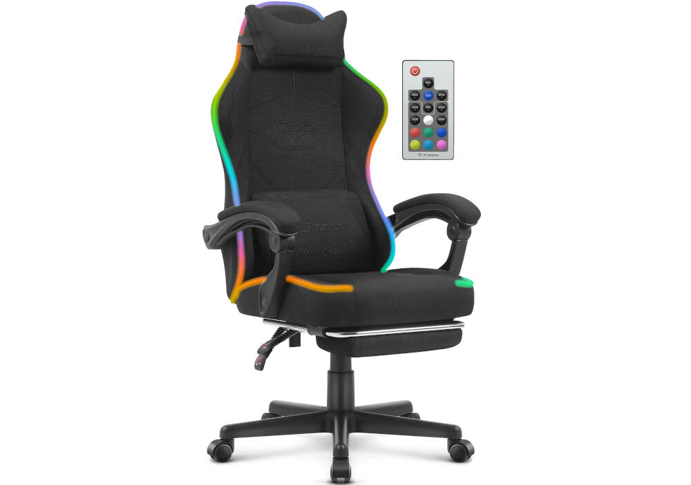 Fotel CABRO C502 LED Czarny prezentacja fotela pod kątem od przodu na białym tle z pilotem podświetlenie LED zmiana kolorów i efektów pilot USB 5V