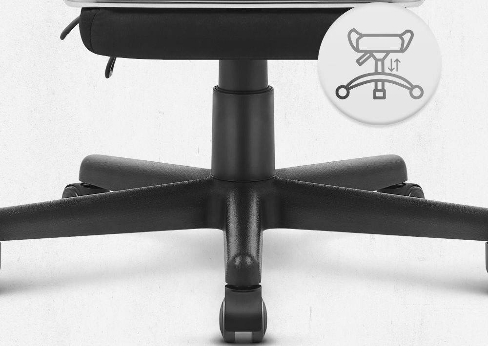 Fotel Cabro C502 LED Czarny Widok na podstawę fotela z ikoną ilustrującą funkcję regulacji wysokości siedziska fotel gamingowy z pięcioramienną nylonową podstawą