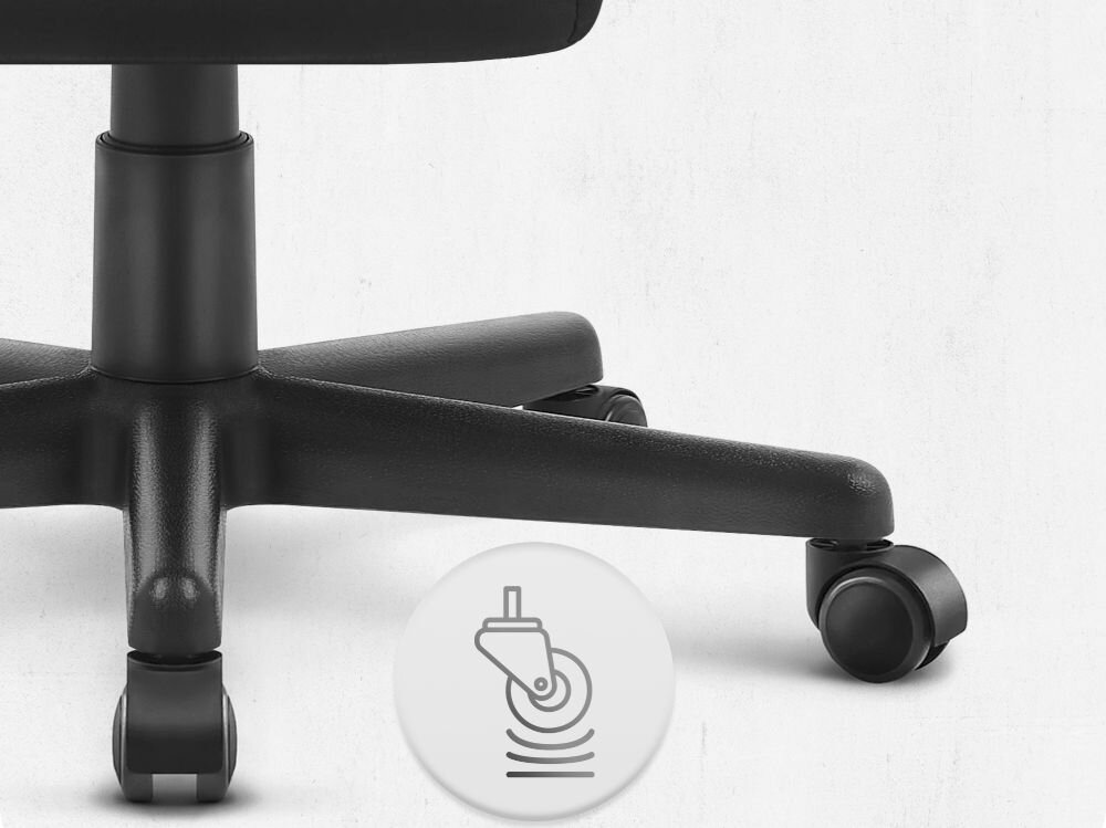 Fotel Cabro C502 LED Czarny Zbliżenie na kółka fotela gamingowego z ikoną sugerującą płynność ruchu lub cichą pracę mechanizmu fotel gamingowy z solidnymi kółkami trwałe materiały ochrona podłogi