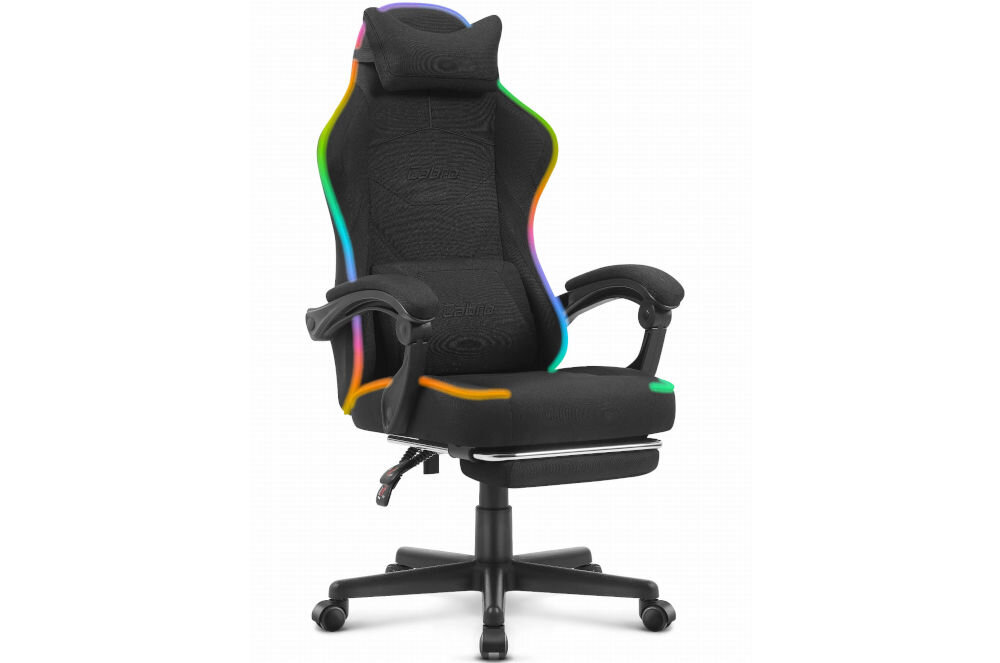 Fotel Cabro C502 LED Czarny prezentacja fotela na jasnym tle od przodu pod kątem fotel gamingowy z dopasowanymi wymiarami do biurka