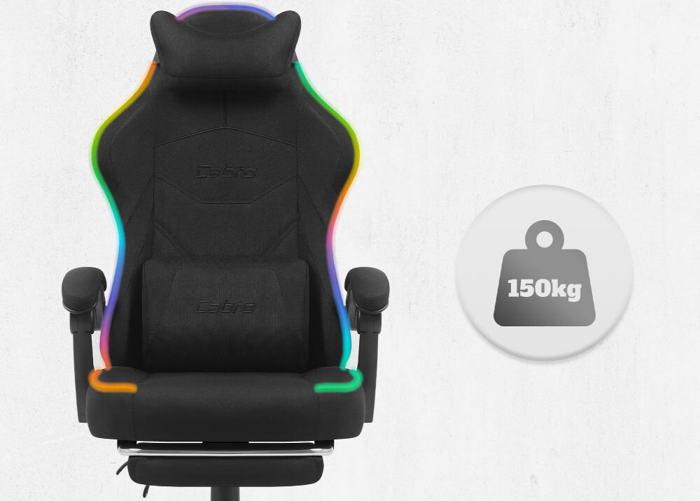Fotel Cabro C502 LED Czarny Widok od przodu na fotel gamingowy z ikoną informującą o maksymalnym obciążeniu wynoszącym 150 kg wytrzymały fotel gamingowy o nośności 150 kg