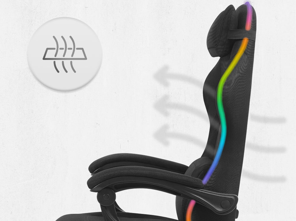 Fotel Cabro C502 LED Czarny Profil fotela gamingowego z naniesionymi strzałkami i ikoną symbolizującą wentylację oraz przepływ powietrza przez oparcie ergonomiczny fotel gamingowy do długiej pracy i grania