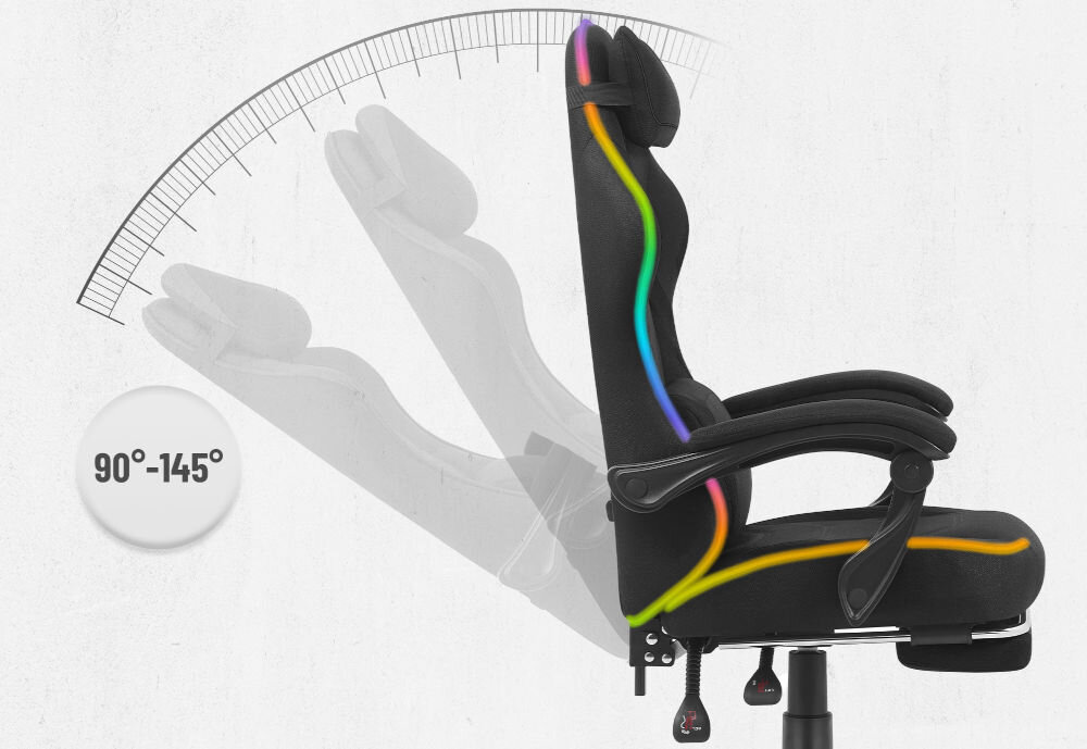 Fotel Cabro C502 LED Czarny Grafika prezentująca mechanizm regulacji kąta nachylenia oparcia fotela w zakresie od 90 do 145 stopni fotel gamingowy z regulacją oparcia do 145 stopni