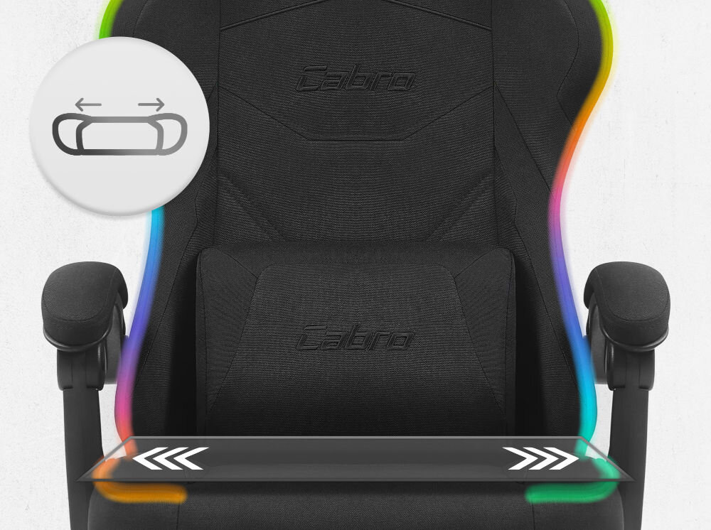 Fotel Cabro C502 LED Czarny Zbliżenie na siedzisko oraz poduszkę lędźwiową fotela gamingowego z logo marki i ikoną profilowanej poduszki fotel gamingowy z ergonomicznym siedziskiem z pianką