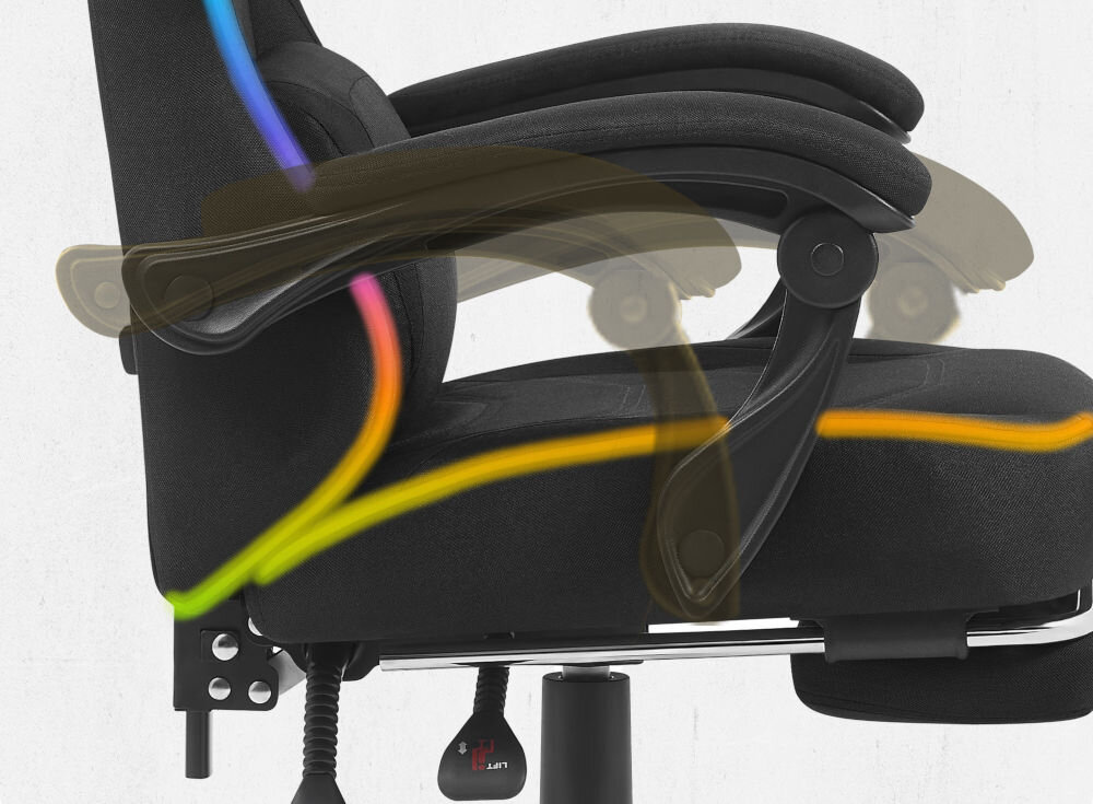 Fotel Cabro C502 LED Czarny Widok z profilu na podłokietnik fotela z graficznym zaznaczeniem możliwości jego regulacji i dopasowania do rąk fotel gamingowy z systemem linkage armrests podłokietników