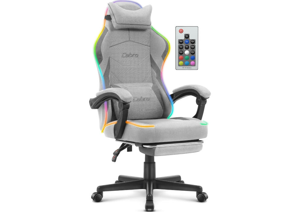 Fotel CABRO C502 LED Szary prezentacja fotela pod kątem od przodu na białym tle z pilotem podświetlenie LED zmiana kolorów i efektów pilot USB 5V