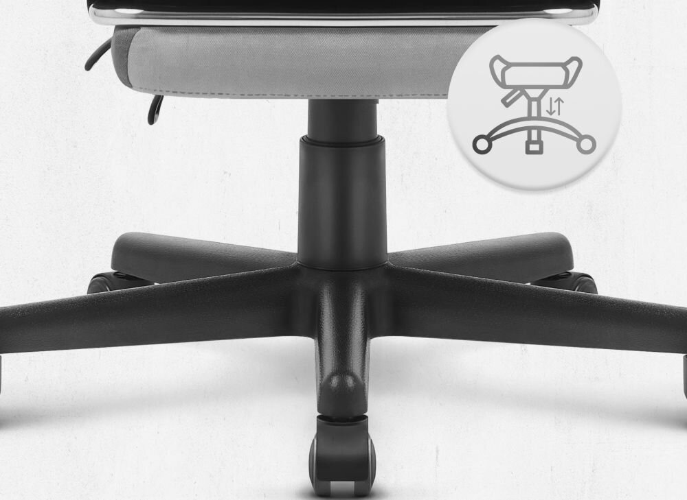 Fotel CABRO C502 LED Szary Widok na podstawę fotela z ikoną ilustrującą funkcję regulacji wysokości siedziska fotel gamingowy z pięcioramienną nylonową podstawą