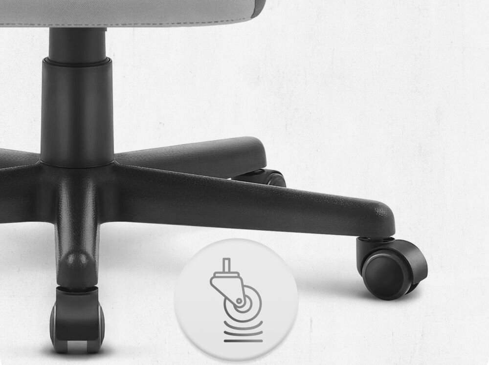 Fotel CABRO C502 LED Szary Zbliżenie na kółka fotela gamingowego z ikoną sugerującą płynność ruchu lub cichą pracę mechanizmu fotel gamingowy z solidnymi kółkami trwałe materiały ochrona podłogi