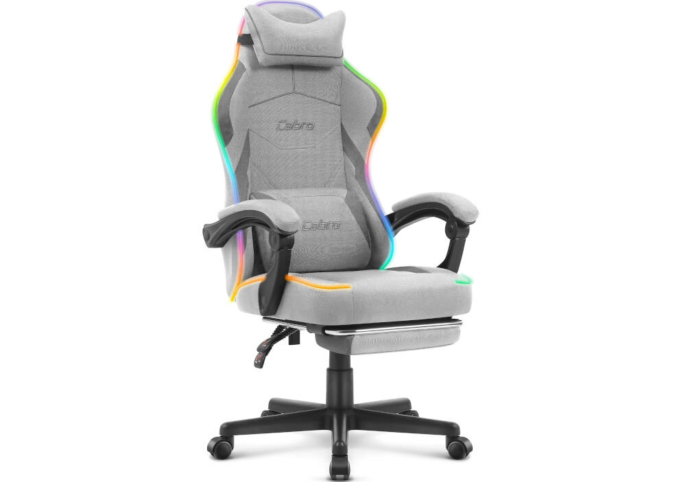 Fotel CABRO C502 LED Szary prezentacja fotela na jasnym tle od przodu pod kątem fotel gamingowy z dopasowanymi wymiarami do biurka