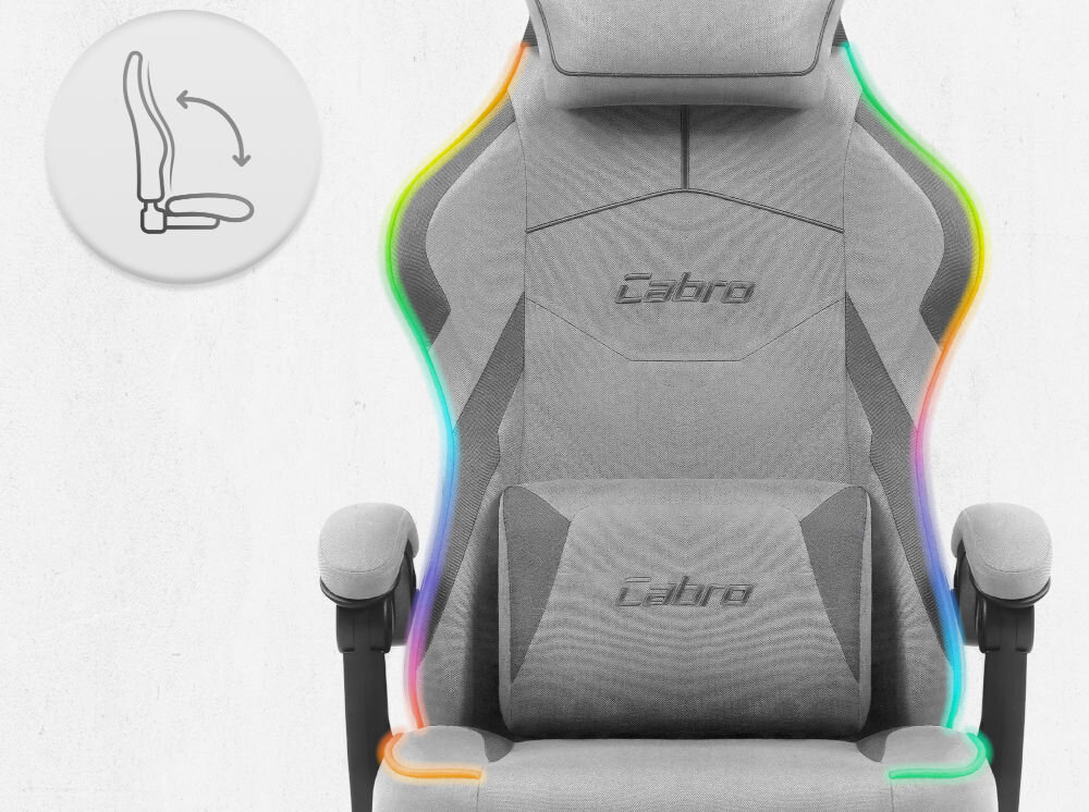 Fotel CABRO C502 LED Szary Fotel gamingowy widziany od przodu z ikoną ilustrującą mechanizm kołysania siedziska uniwersalny fotel gamingowy do biura i pokoju gracza