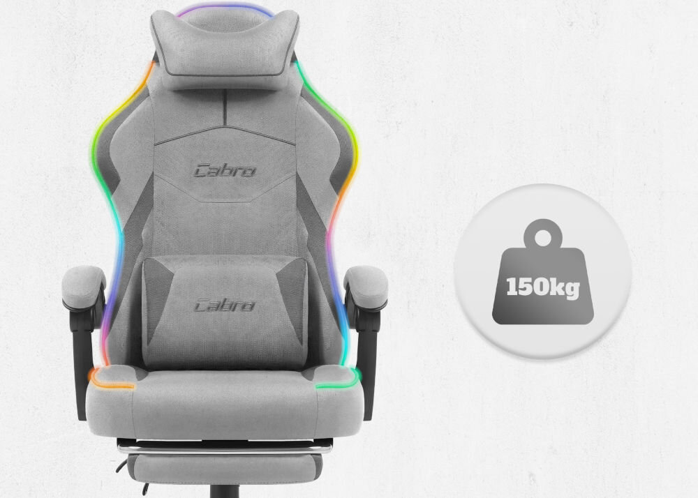 Fotel CABRO C502 LED Szary Widok od przodu na fotel gamingowy z ikoną informującą o maksymalnym obciążeniu wynoszącym 150 kg wytrzymały fotel gamingowy o nośności 150 kg