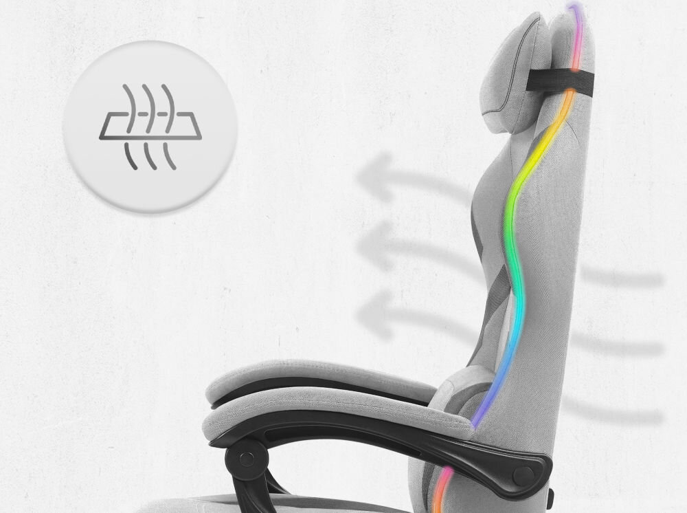 Fotel CABRO C502 LED Szary Profil fotela gamingowego z naniesionymi strzałkami i ikoną symbolizującą wentylację oraz przepływ powietrza przez oparcie ergonomiczny fotel gamingowy do długiej pracy i grania