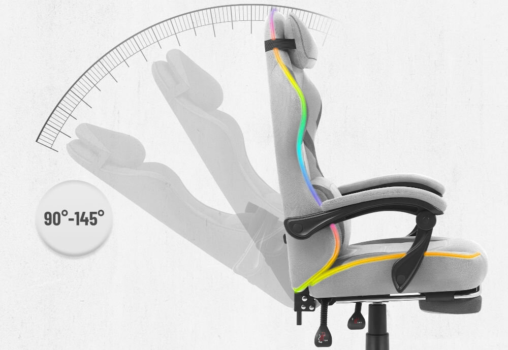 Fotel CABRO C502 LED Szary Grafika prezentująca mechanizm regulacji kąta nachylenia oparcia fotela w zakresie od 90 do 145 stopni fotel gamingowy z regulacją oparcia do 145 stopni