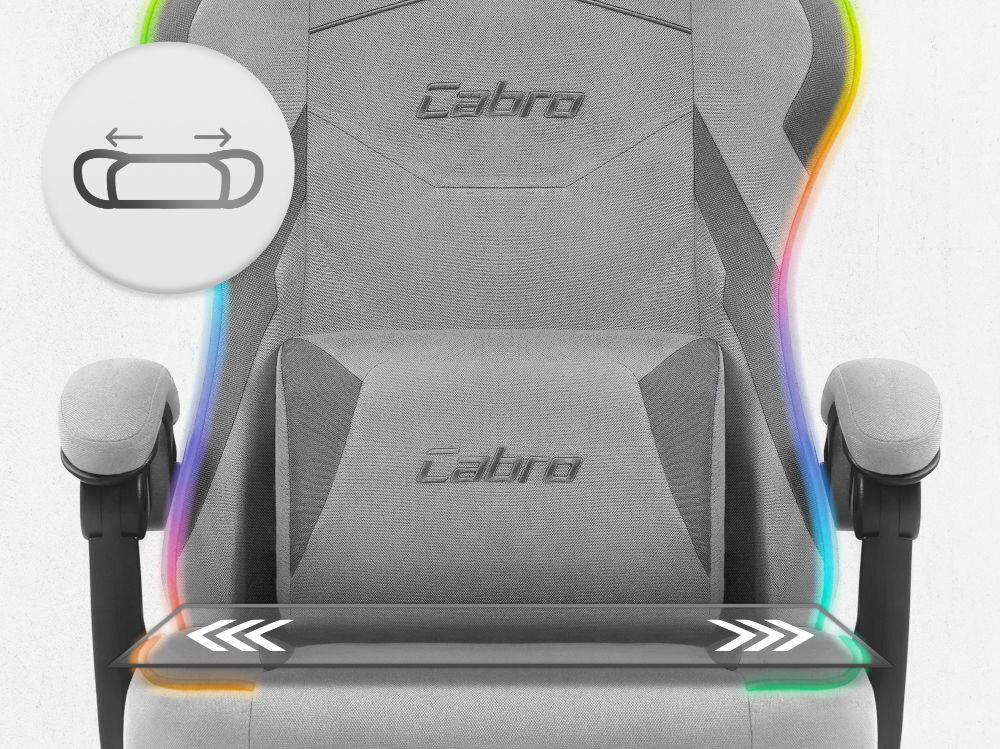 Fotel CABRO C502 LED Szary Zbliżenie na siedzisko oraz poduszkę lędźwiową fotela gamingowego z logo marki i ikoną profilowanej poduszki fotel gamingowy z ergonomicznym siedziskiem z pianką