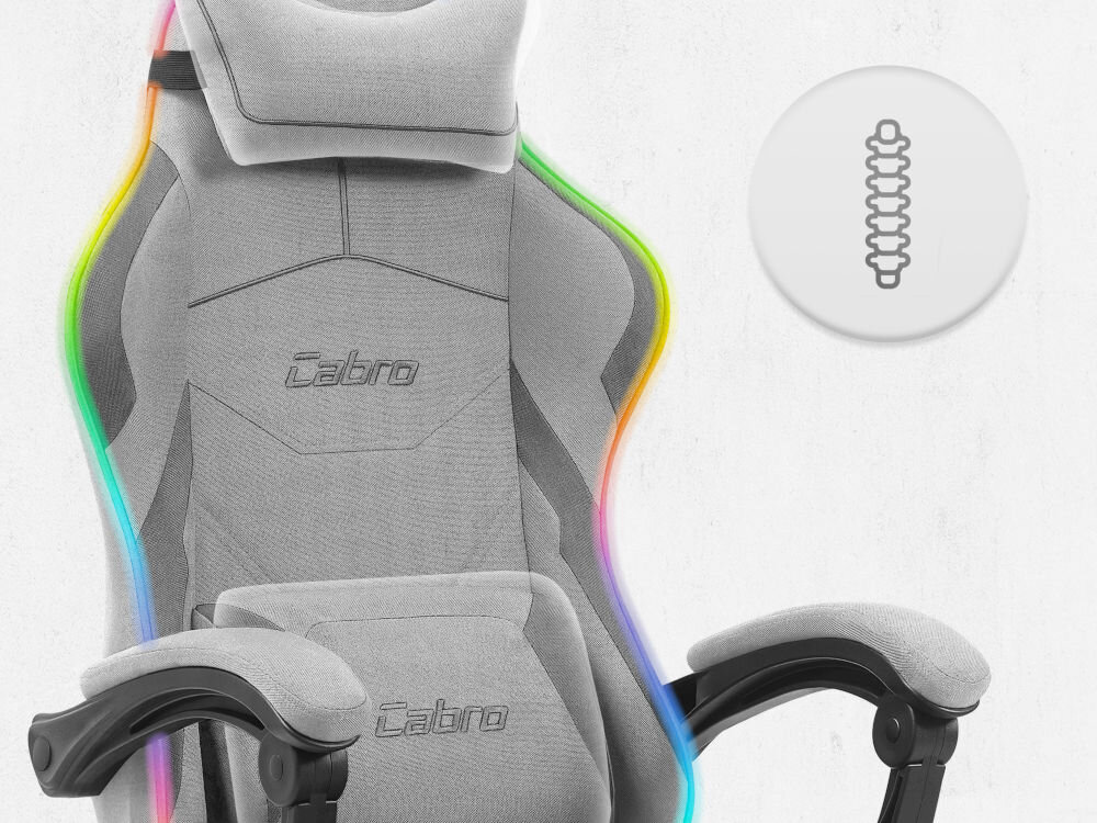 Fotel CABRO C502 LED Szary Górna część fotela gamingowego z widocznym zagłówkiem i ikoną wsparcia kręgosłupa na całej długości pleców fotel gamingowy z poduszką lędźwiową i poduszką pod kark